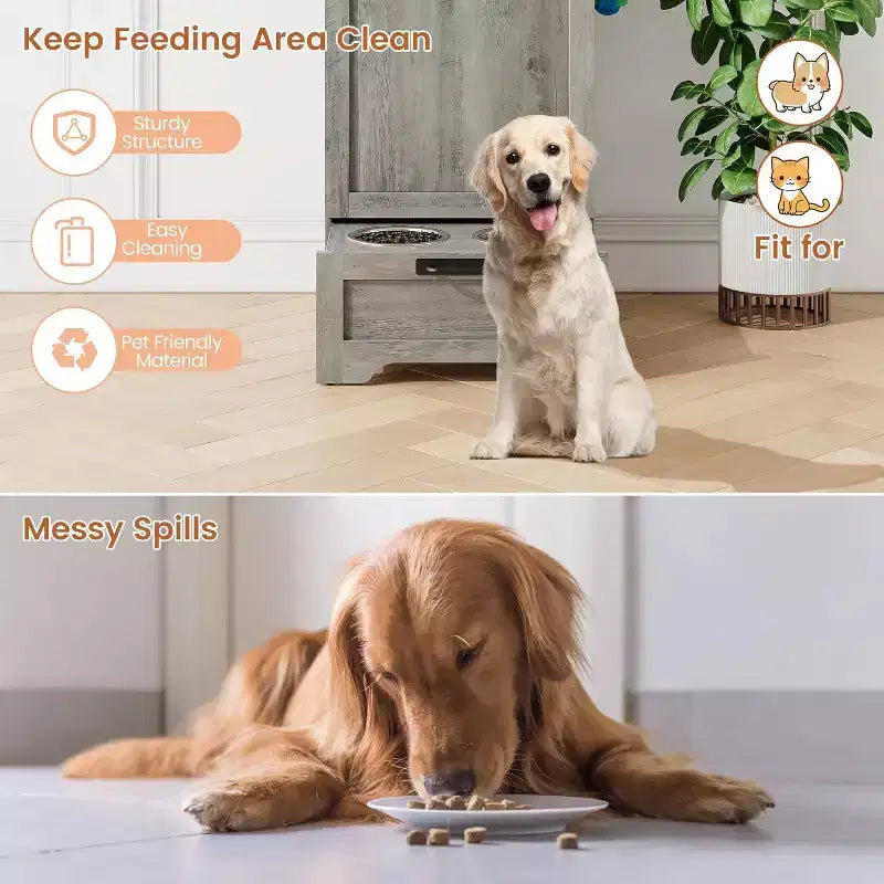 Elevated Dog Feeding Station with Storage Cabinet - Includes 2 Raised Bowls,3 Hooks, and Hidden Food Container Organizer for Pet Food and Accessories