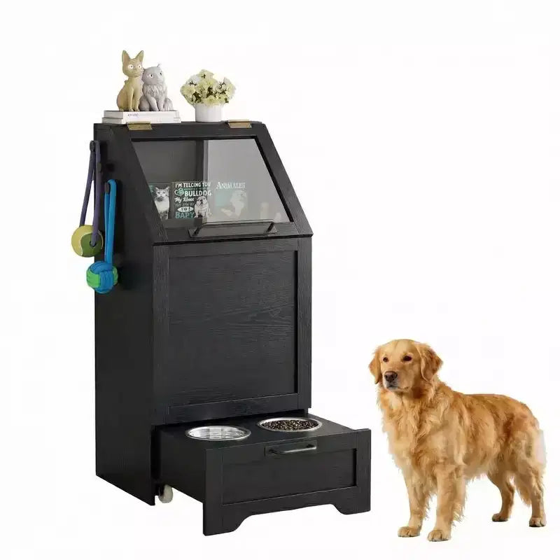 Elevated Dog Feeding Station with Storage Cabinet - Includes 2 Raised Bowls,3 Hooks, and Hidden Food Container Organizer for Pet Food and Accessories