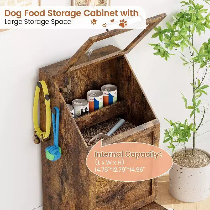 Elevated Dog Feeding Station with Storage Cabinet - Includes 2 Raised Bowls,3 Hooks, and Hidden Food Container Organizer for Pet Food and Accessories