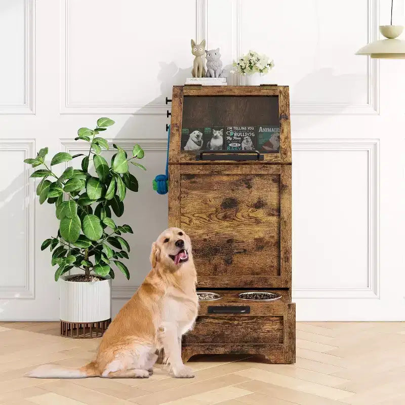Elevated Dog Feeding Station with Storage Cabinet - Includes 2 Raised Bowls,3 Hooks, and Hidden Food Container Organizer for Pet Food and Accessories