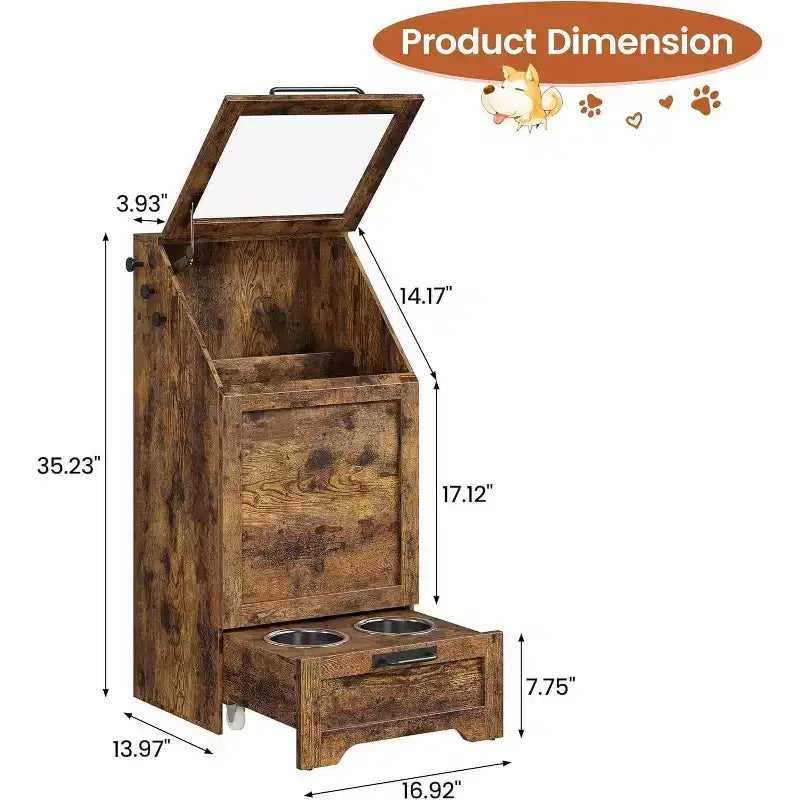 Elevated Dog Feeding Station with Storage Cabinet - Includes 2 Raised Bowls,3 Hooks, and Hidden Food Container Organizer for Pet Food and Accessories
