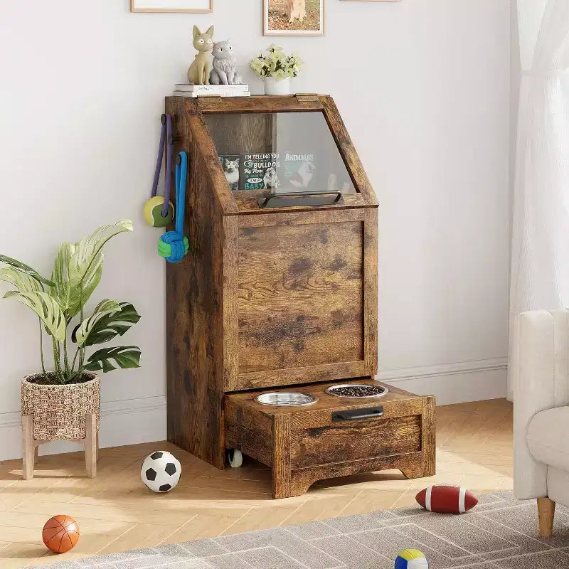Elevated Dog Feeding Station with Storage Cabinet - Includes 2 Raised Bowls,3 Hooks, and Hidden Food Container Organizer for Pet Food and Accessories
