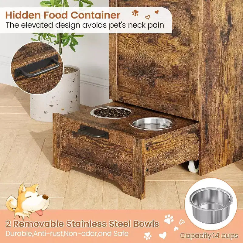 Elevated Dog Feeding Station with Storage Cabinet - Includes 2 Raised Bowls,3 Hooks, and Hidden Food Container Organizer for Pet Food and Accessories