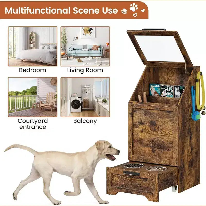 Elevated Dog Feeding Station with Storage Cabinet - Includes 2 Raised Bowls,3 Hooks, and Hidden Food Container Organizer for Pet Food and Accessories