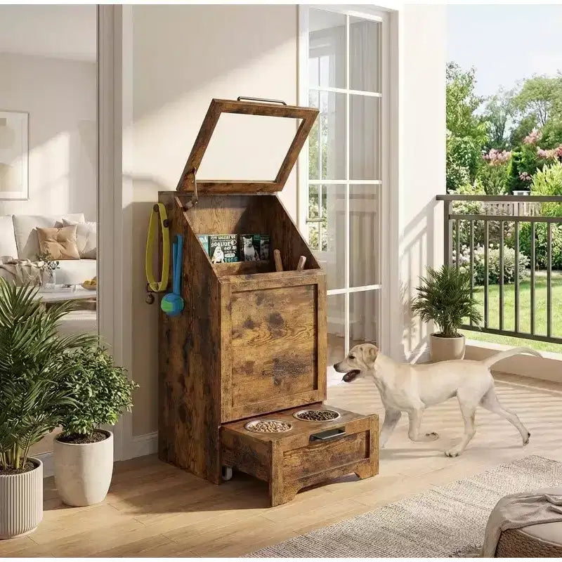 Elevated Dog Feeding Station with Storage Cabinet - Includes 2 Raised Bowls,3 Hooks, and Hidden Food Container Organizer for Pet Food and Accessories
