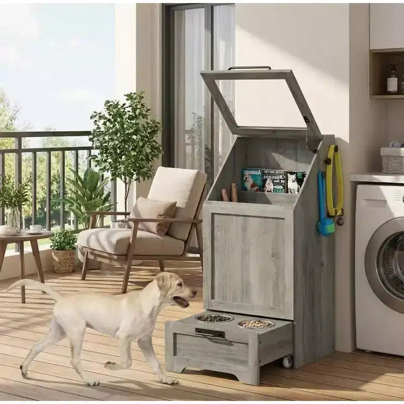 Elevated Dog Feeding Station with Storage Cabinet - Includes 2 Raised Bowls,3 Hooks, and Hidden Food Container Organizer for Pet Food and Accessories