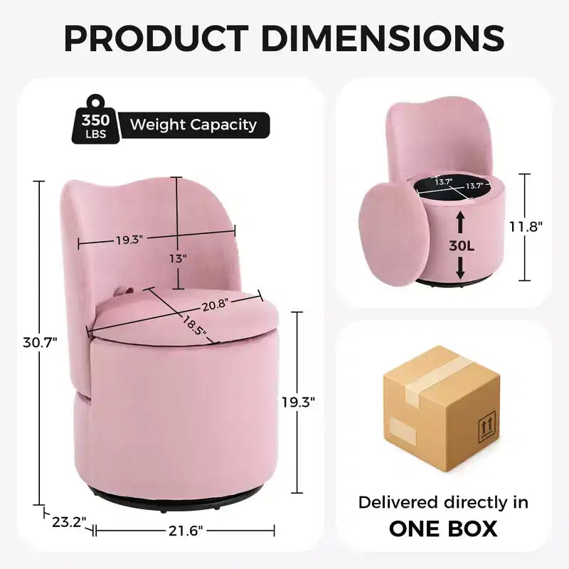 1PC 360 Swivel Velvet Vanity Stool with Storage & Back, Modern Upholstered Barrel Chair for Makeup Bedroom Dressing Living Room