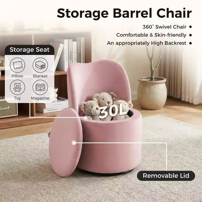 1PC 360 Swivel Velvet Vanity Stool with Storage & Back, Modern Upholstered Barrel Chair for Makeup Bedroom Dressing Living Room