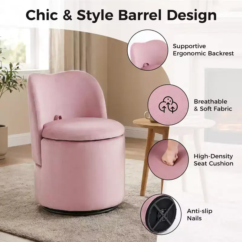 1PC 360 Swivel Velvet Vanity Stool with Storage & Back, Modern Upholstered Barrel Chair for Makeup Bedroom Dressing Living Room