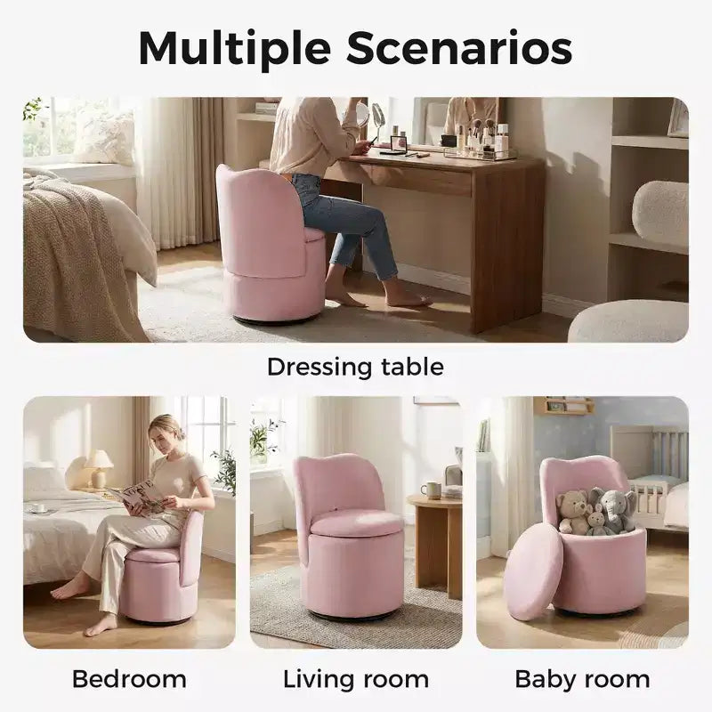 1PC 360 Swivel Velvet Vanity Stool with Storage & Back, Modern Upholstered Barrel Chair for Makeup Bedroom Dressing Living Room