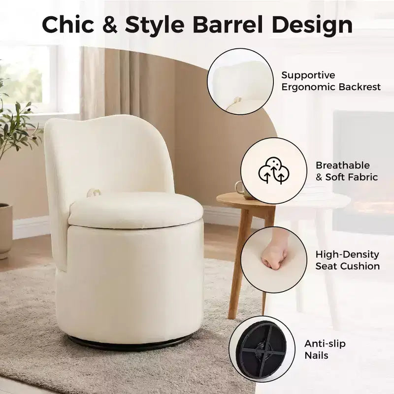 1PC 360 Swivel Velvet Vanity Stool with Storage & Back, Modern Upholstered Barrel Chair for Makeup Bedroom Dressing Living Room