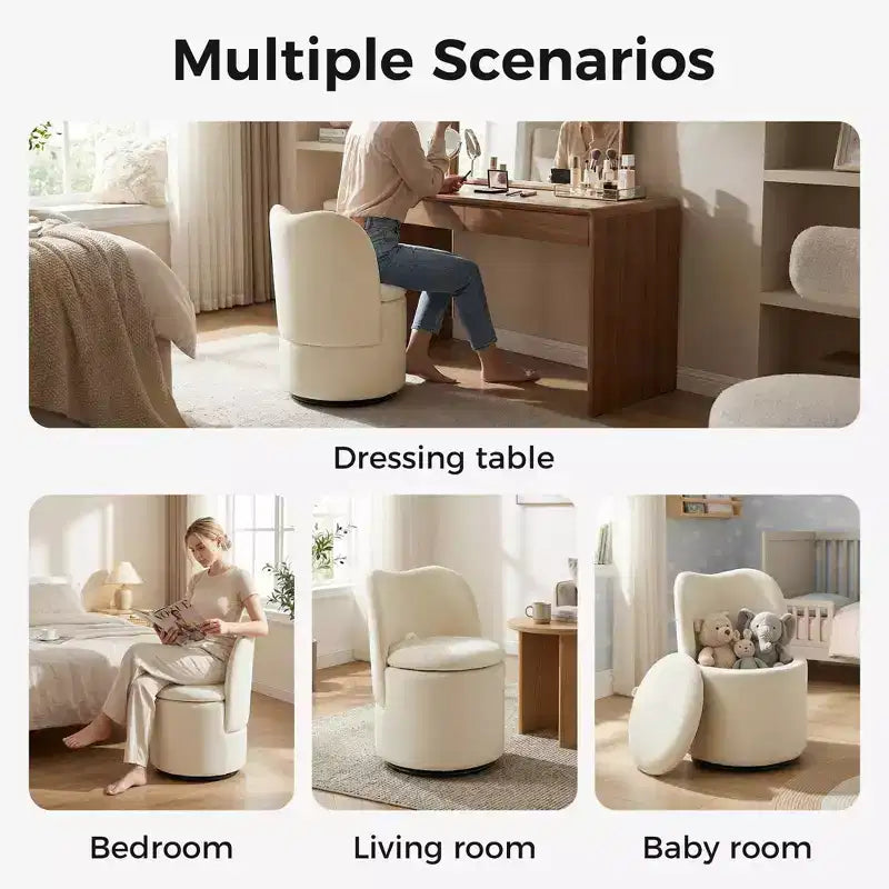 1PC 360 Swivel Velvet Vanity Stool with Storage & Back, Modern Upholstered Barrel Chair for Makeup Bedroom Dressing Living Room