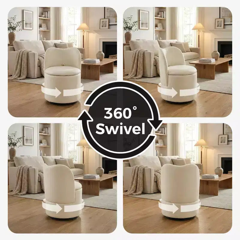 1PC 360 Swivel Velvet Vanity Stool with Storage & Back, Modern Upholstered Barrel Chair for Makeup Bedroom Dressing Living Room