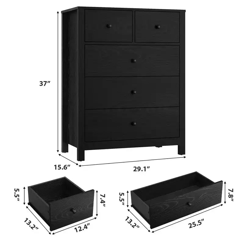5-Drawer Tall Wooden Dresser for Bedroom, Modern Double Chest of Drawers with Deep Drawers & Metal Knobs for Kids Bedroom, Entryway & Hallway