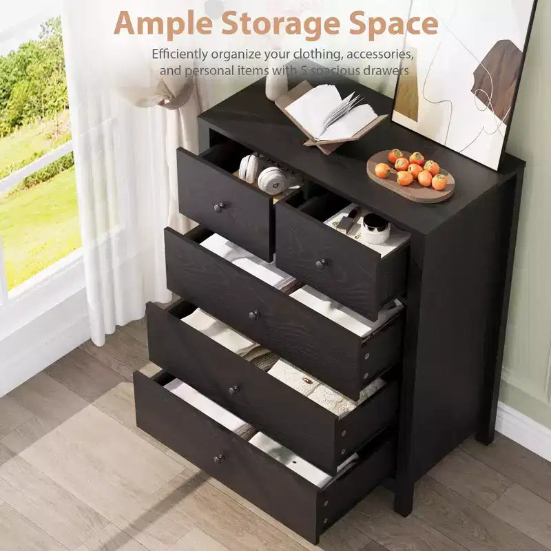 5-Drawer Tall Wooden Dresser for Bedroom, Modern Double Chest of Drawers with Deep Drawers & Metal Knobs for Kids Bedroom, Entryway & Hallway