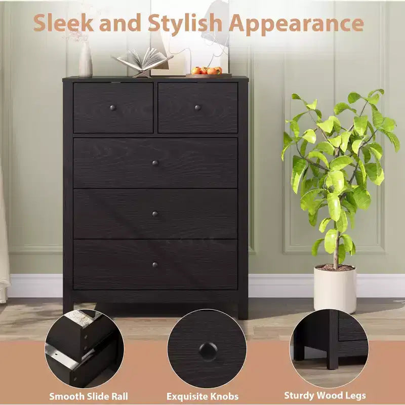 5-Drawer Tall Wooden Dresser for Bedroom, Modern Double Chest of Drawers with Deep Drawers & Metal Knobs for Kids Bedroom, Entryway & Hallway