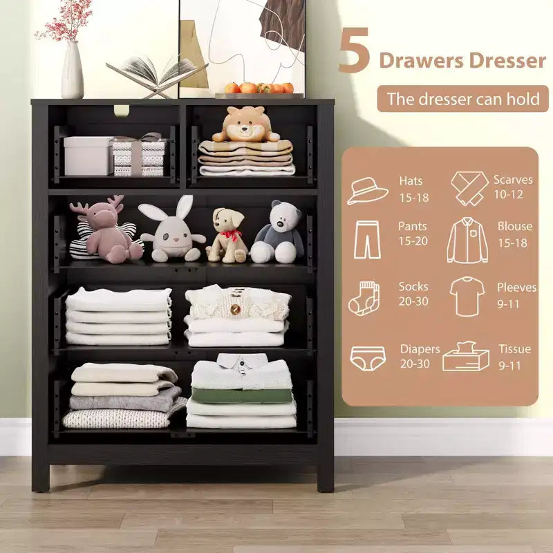 5-Drawer Tall Wooden Dresser for Bedroom, Modern Double Chest of Drawers with Deep Drawers & Metal Knobs for Kids Bedroom, Entryway & Hallway