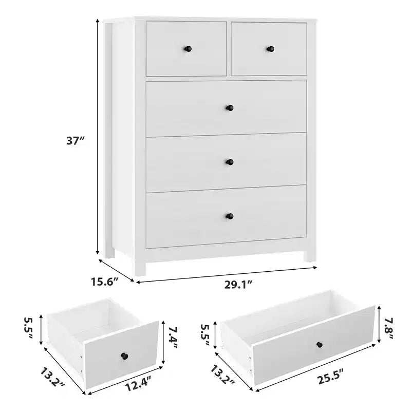 5-Drawer Tall Wooden Dresser for Bedroom, Modern Double Chest of Drawers with Deep Drawers & Metal Knobs for Kids Bedroom, Entryway & Hallway