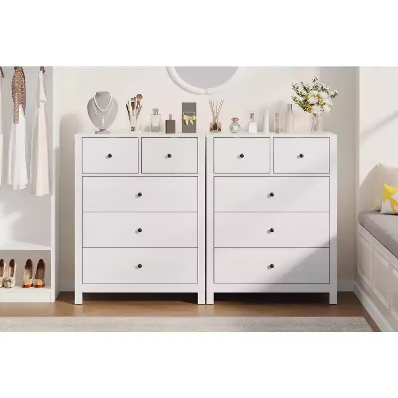 5-Drawer Tall Wooden Dresser for Bedroom, Modern Double Chest of Drawers with Deep Drawers & Metal Knobs for Kids Bedroom, Entryway & Hallway