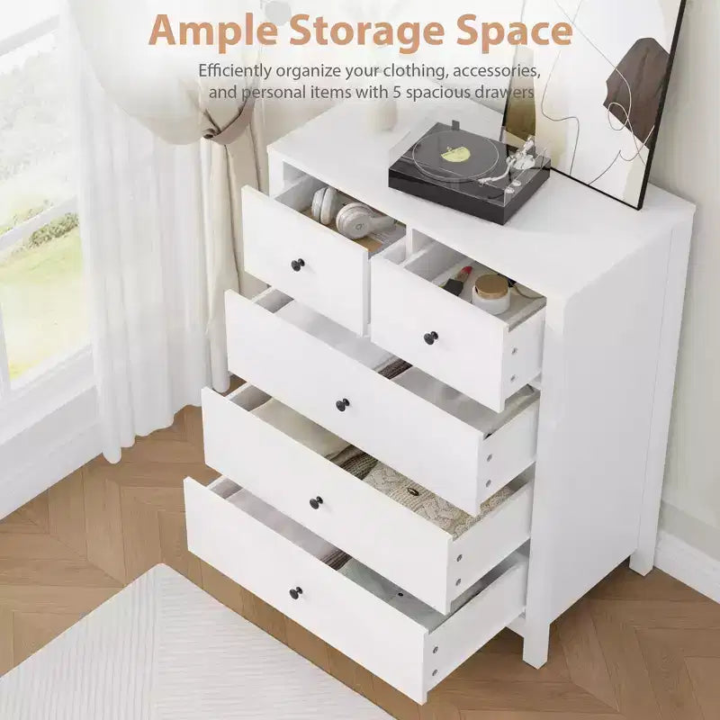 5-Drawer Tall Wooden Dresser for Bedroom, Modern Double Chest of Drawers with Deep Drawers & Metal Knobs for Kids Bedroom, Entryway & Hallway