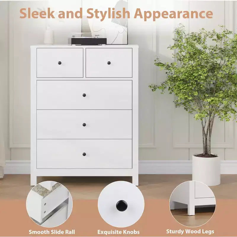 5-Drawer Tall Wooden Dresser for Bedroom, Modern Double Chest of Drawers with Deep Drawers & Metal Knobs for Kids Bedroom, Entryway & Hallway