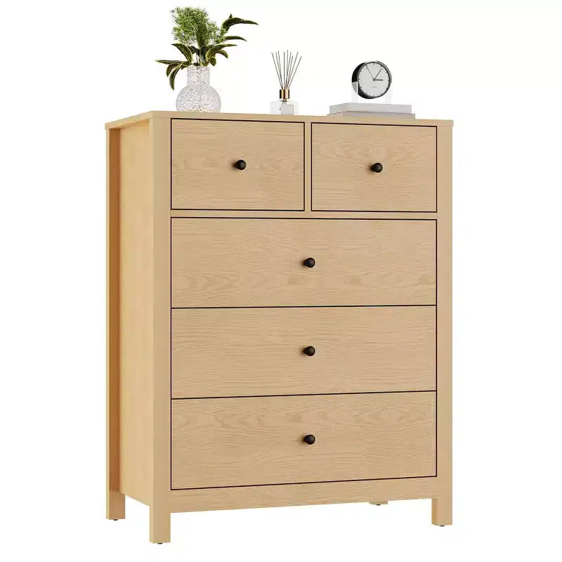 5-Drawer Tall Wooden Dresser for Bedroom, Modern Double Chest of Drawers with Deep Drawers & Metal Knobs for Kids Bedroom, Entryway & Hallway