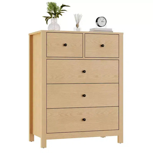 5-Drawer Tall Wooden Dresser for Bedroom, Modern Double Chest of Drawers with Deep Drawers & Metal Knobs for Kids Bedroom, Entryway & Hallway
