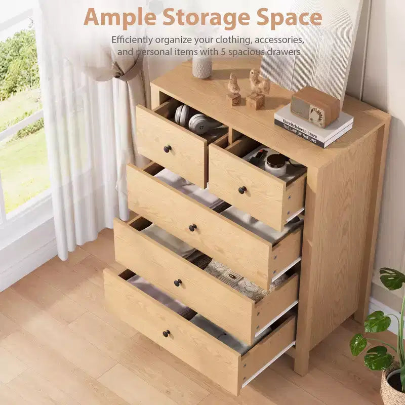 5-Drawer Tall Wooden Dresser for Bedroom, Modern Double Chest of Drawers with Deep Drawers & Metal Knobs for Kids Bedroom, Entryway & Hallway