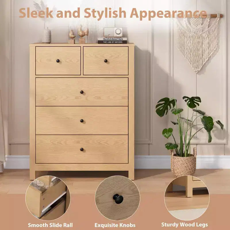 5-Drawer Tall Wooden Dresser for Bedroom, Modern Double Chest of Drawers with Deep Drawers & Metal Knobs for Kids Bedroom, Entryway & Hallway