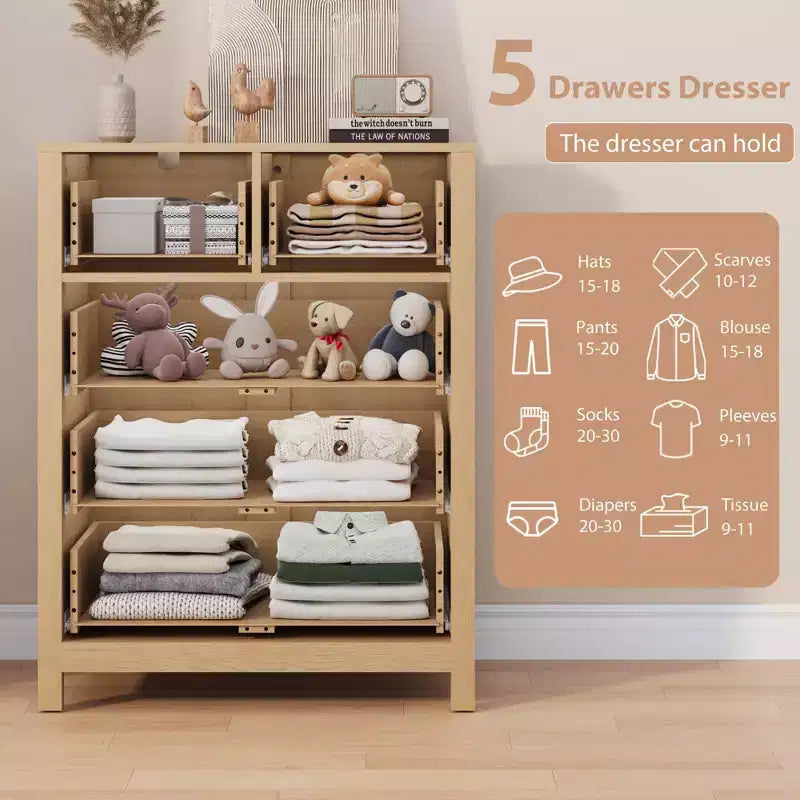5-Drawer Tall Wooden Dresser for Bedroom, Modern Double Chest of Drawers with Deep Drawers & Metal Knobs for Kids Bedroom, Entryway & Hallway