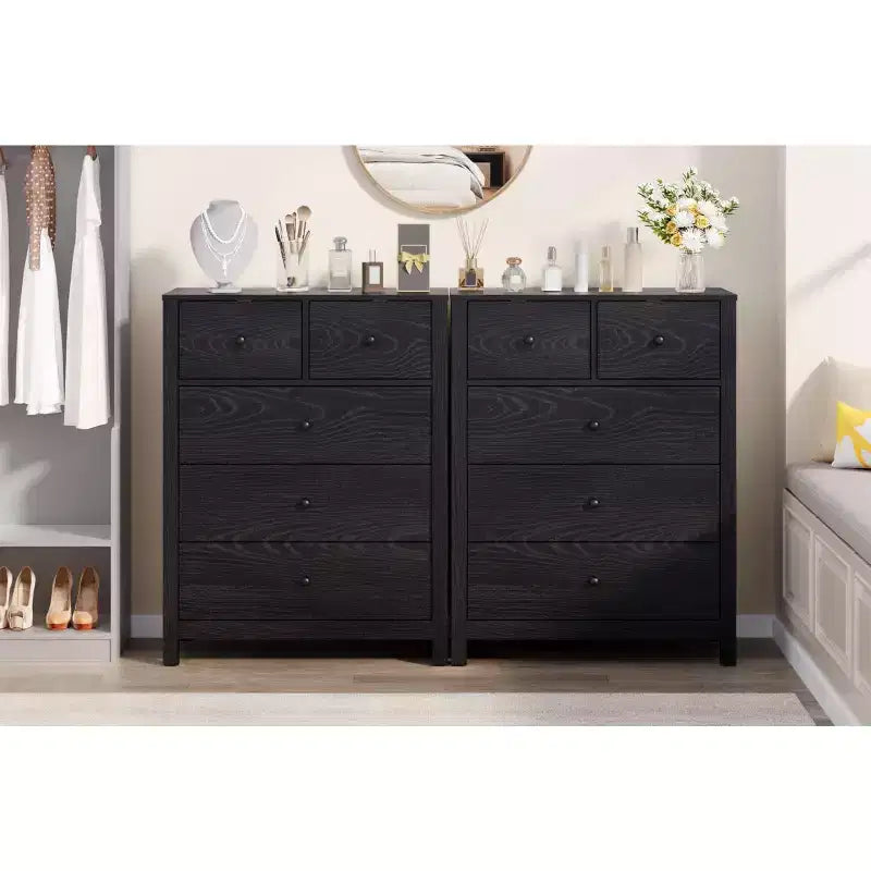 5-Drawer Tall Wooden Dresser for Bedroom, Modern Double Chest of Drawers with Deep Drawers & Metal Knobs for Kids Bedroom, Entryway & Hallway