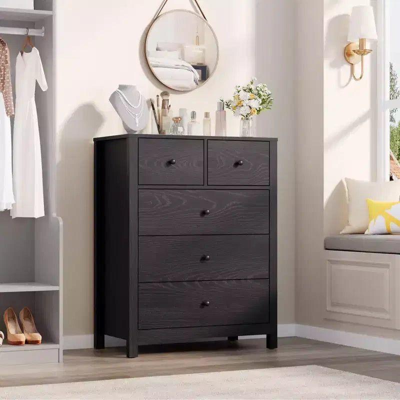 5-Drawer Tall Wooden Dresser for Bedroom, Modern Double Chest of Drawers with Deep Drawers & Metal Knobs for Kids Bedroom, Entryway & Hallway