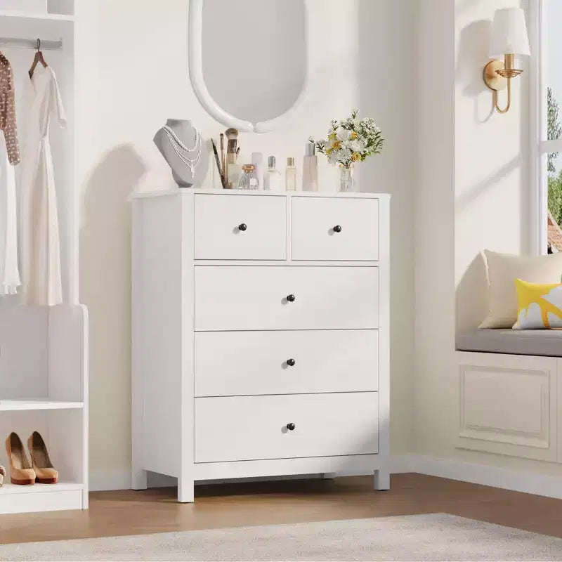 5-Drawer Tall Wooden Dresser for Bedroom, Modern Double Chest of Drawers with Deep Drawers & Metal Knobs for Kids Bedroom, Entryway & Hallway