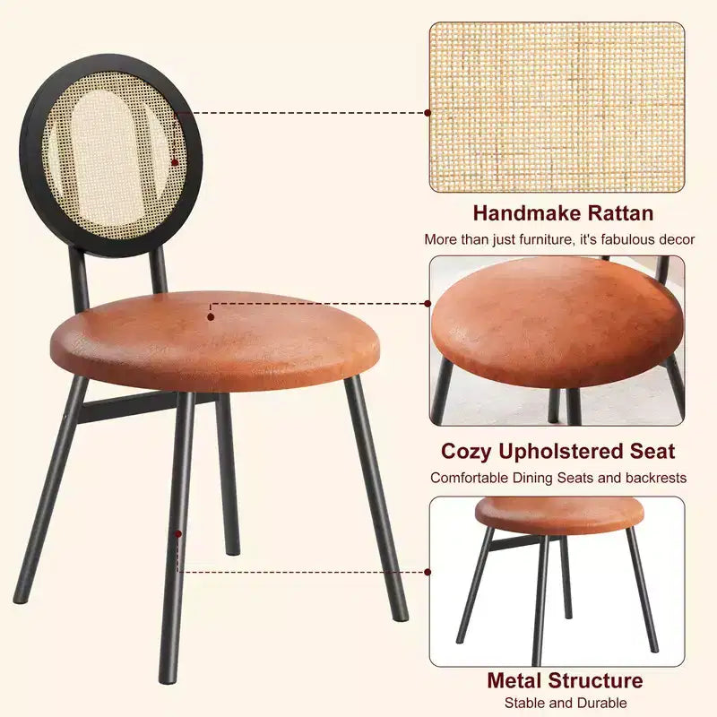 Rattan Kitchen Chairs with Metal Legs, Modern Upholstered Dining Chairs with Thick Cushions for Small Space