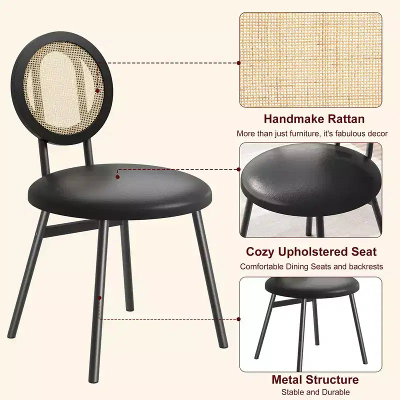 Rattan Kitchen Chairs with Metal Legs, Modern Upholstered Dining Chairs with Thick Cushions for Small Space