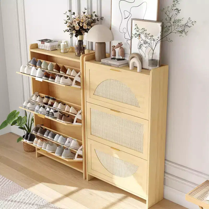 Modern narrow shoe cabinet for entryway 3 drop-down drawers and rattan doors MDF wood storage unit Natural oak style shoe organizer