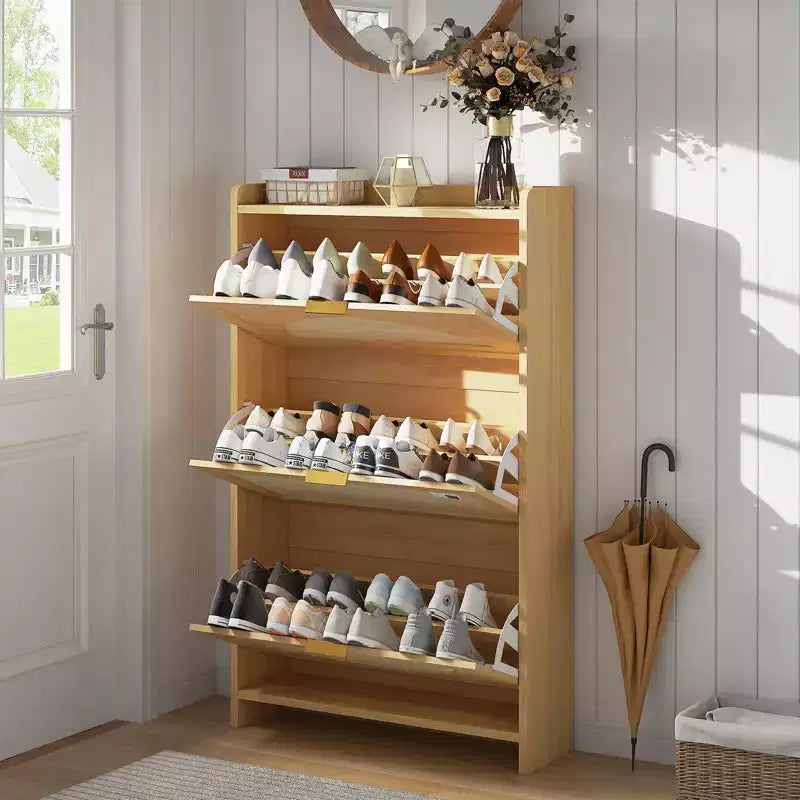 Modern narrow shoe cabinet for entryway 3 drop-down drawers and rattan doors MDF wood storage unit Natural oak style shoe organizer