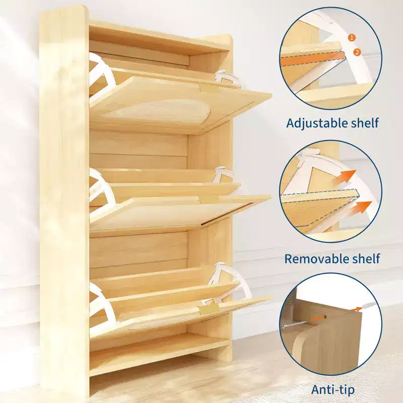 Modern narrow shoe cabinet for entryway 3 drop-down drawers and rattan doors MDF wood storage unit Natural oak style shoe organizer