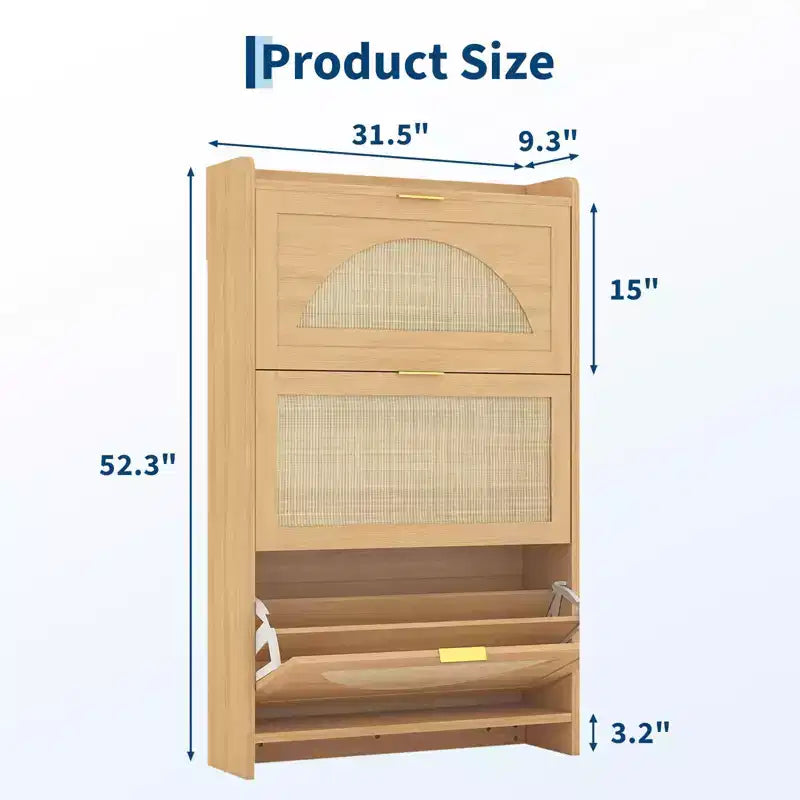 Modern narrow shoe cabinet for entryway 3 drop-down drawers and rattan doors MDF wood storage unit Natural oak style shoe organizer