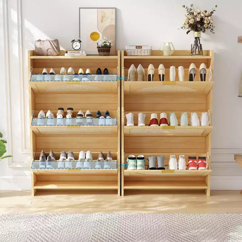 Modern narrow shoe cabinet for entryway 3 drop-down drawers and rattan doors MDF wood storage unit Natural oak style shoe organizer