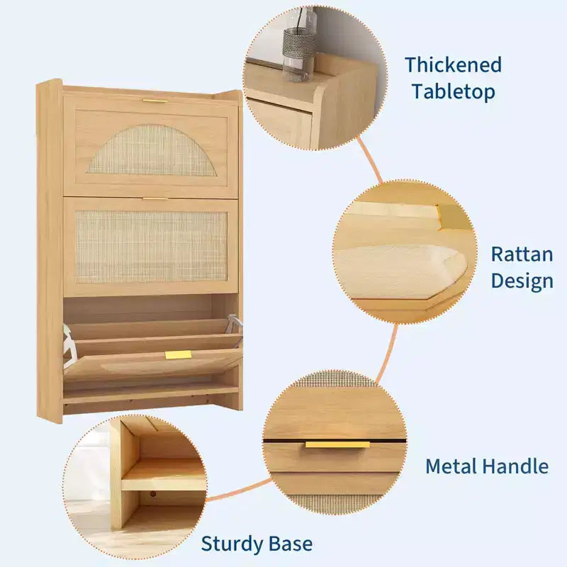 Modern narrow shoe cabinet for entryway 3 drop-down drawers and rattan doors MDF wood storage unit Natural oak style shoe organizer