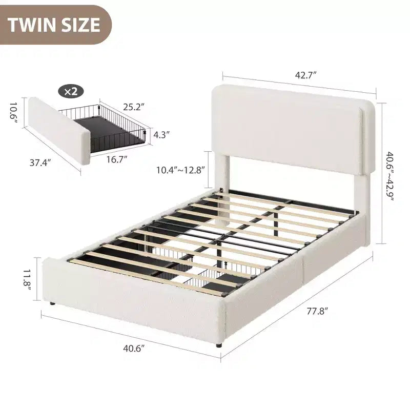 Soft Teddy Fleece Bed Frame with 2 Storage Drawers, Adjustable Headboard,No Box Spring Needed, Easy Assembly, Cloud Cream Color
