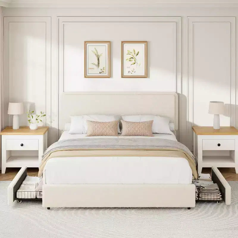 Soft Teddy Fleece Bed Frame with 2 Storage Drawers, Adjustable Headboard,No Box Spring Needed, Easy Assembly, Cloud Cream Color