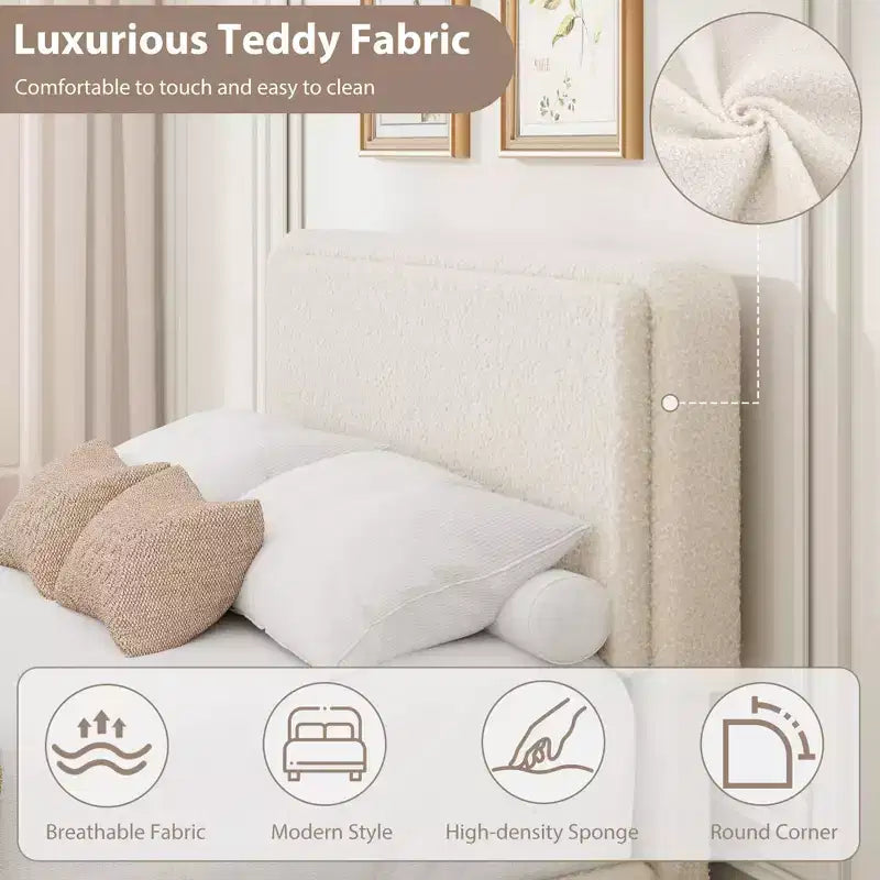 Soft Teddy Fleece Bed Frame with 2 Storage Drawers, Adjustable Headboard,No Box Spring Needed, Easy Assembly, Cloud Cream Color