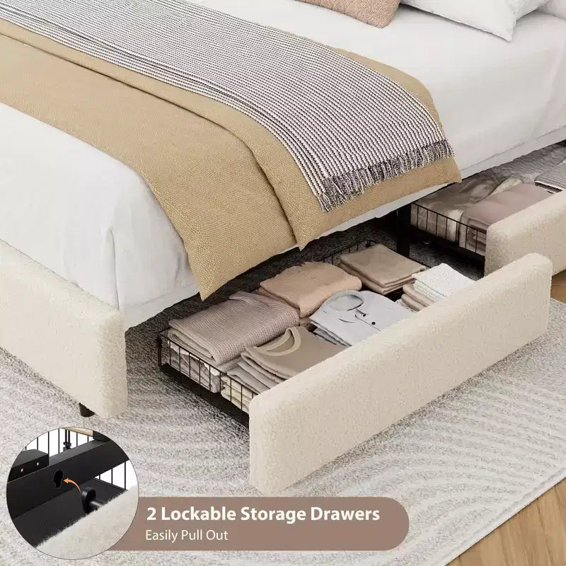 Soft Teddy Fleece Bed Frame with 2 Storage Drawers, Adjustable Headboard,No Box Spring Needed, Easy Assembly, Cloud Cream Color