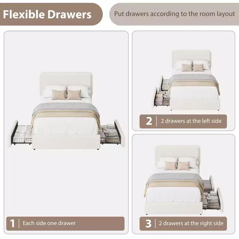 Soft Teddy Fleece Bed Frame with 2 Storage Drawers, Adjustable Headboard,No Box Spring Needed, Easy Assembly, Cloud Cream Color