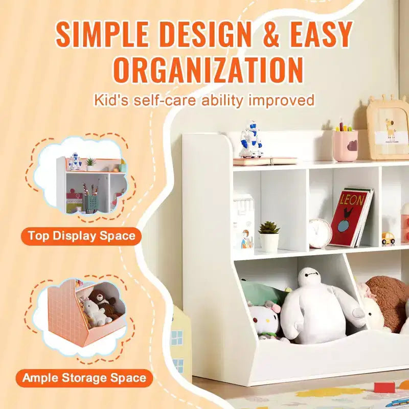 Wood Kid Storage Cubby, Toy Storage Organizer with Bookshelf, 5-Cubby Wood Toy Storage Cabinet, Children Book Toy Shelf for Kids Room