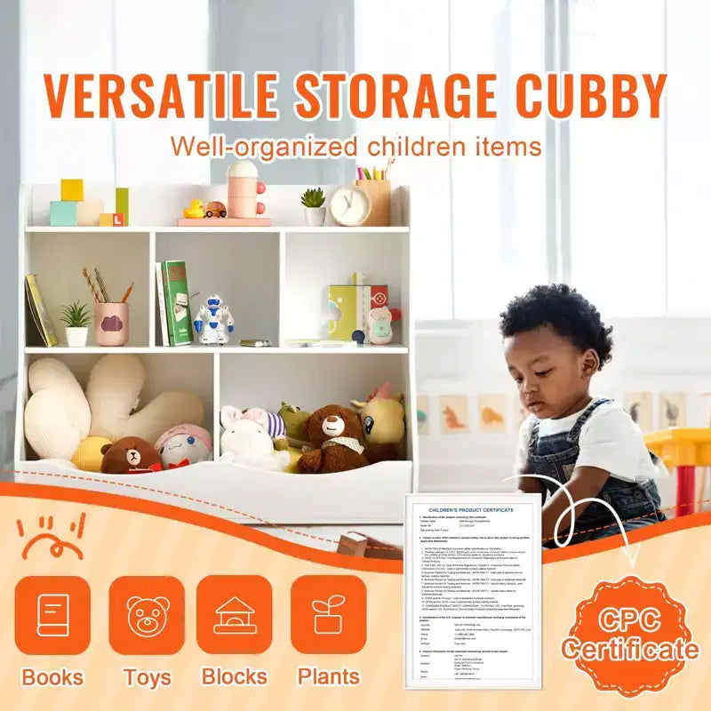 Wood Kid Storage Cubby, Toy Storage Organizer with Bookshelf, 5-Cubby Wood Toy Storage Cabinet, Children Book Toy Shelf for Kids Room
