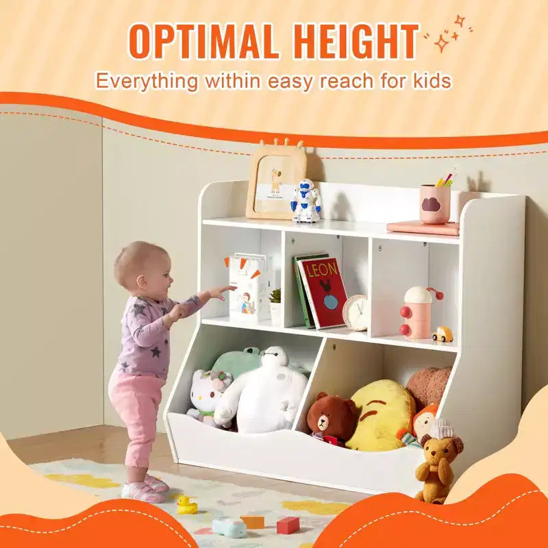 Wood Kid Storage Cubby, Toy Storage Organizer with Bookshelf, 5-Cubby Wood Toy Storage Cabinet, Children Book Toy Shelf for Kids Room