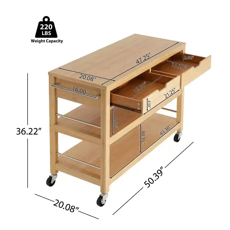 Christopher Knight Home Ottilia Bamboo Rolling Kitchen Cart with 2 Drawers and Open Shelves